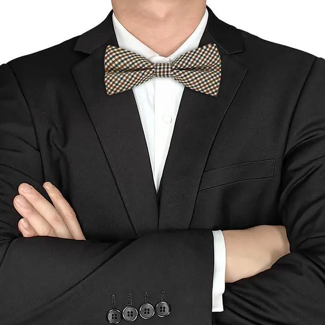 Alt view image 5 of 5 - SYAYA Men Silk Tuxedo Plaid Bow Tie, Teen Boy Pre Tied Formal Tux Bowtie For Wedding Large Necktie Father Day MB-T2 (Black,Beige,Brown Plaid)