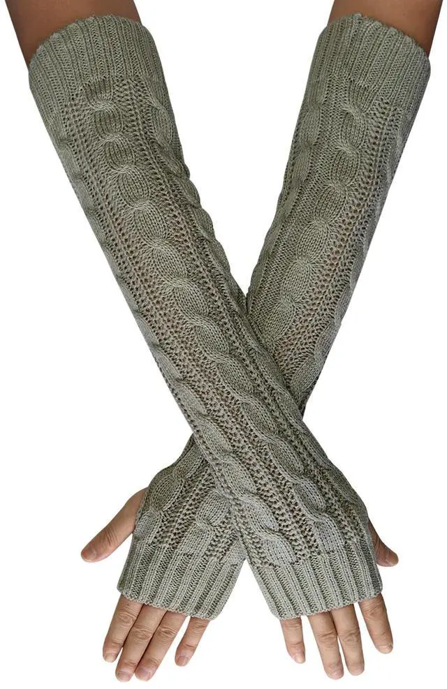Main image of Winter Arm Warmers, Cable Knitted Long Fingerless Gloves For Goth & Punk Hip Hop & Cosplay & Christmas Party U-S-A3S (Light Gray, One Size)