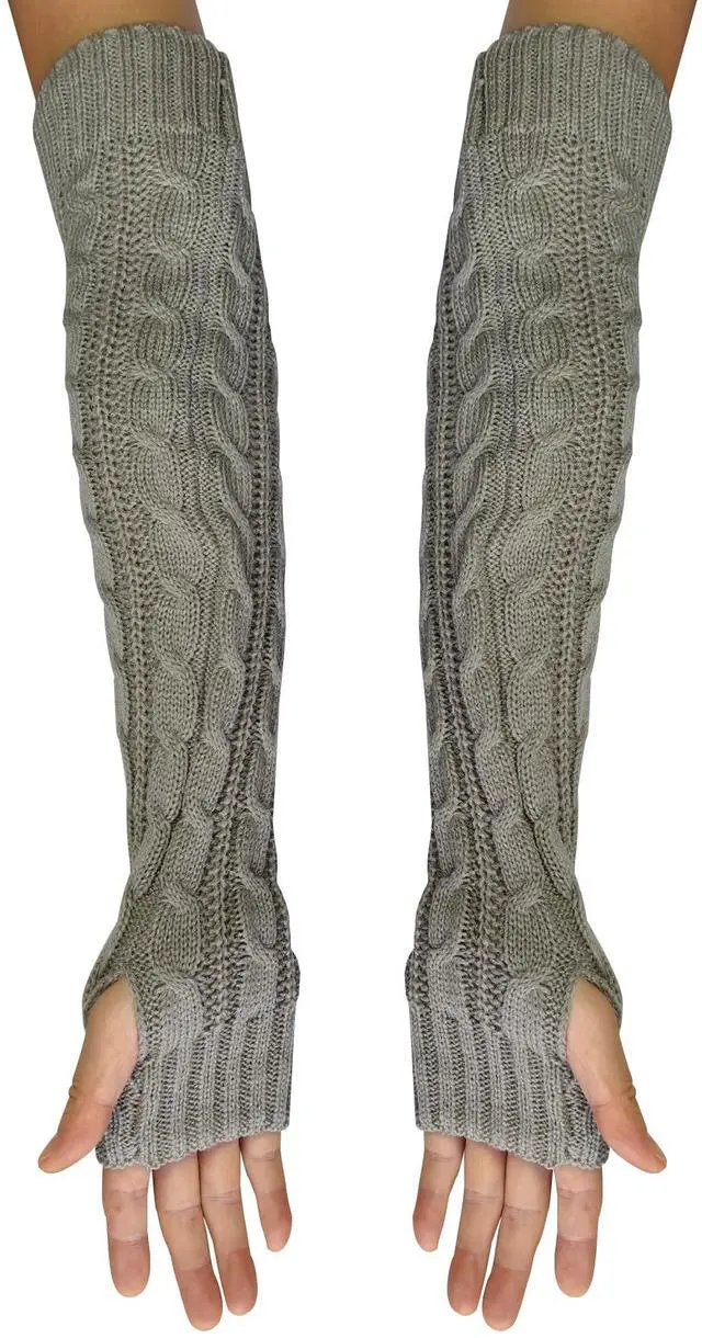 Alt view image 2 of 4 - Winter Arm Warmers, Cable Knitted Long Fingerless Gloves For Goth & Punk Hip Hop & Cosplay & Christmas Party U-S-A3S (Light Gray, One Size)