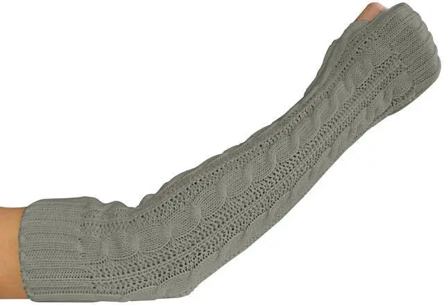 Alt view image 3 of 4 - Winter Arm Warmers, Cable Knitted Long Fingerless Gloves For Goth & Punk Hip Hop & Cosplay & Christmas Party U-S-A3S (Light Gray, One Size)
