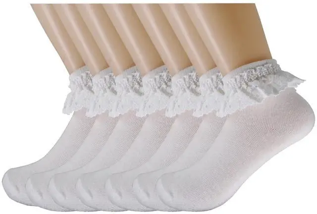 Alt view image 6 of 6 - Women High Ankle Lace Socks, Bridal Ruffle Frilly School Girl Princess Dress Sock with Lace Trim For Lolita/Jk W-811 (A1-5 Pairs - White Eyelet Lace)