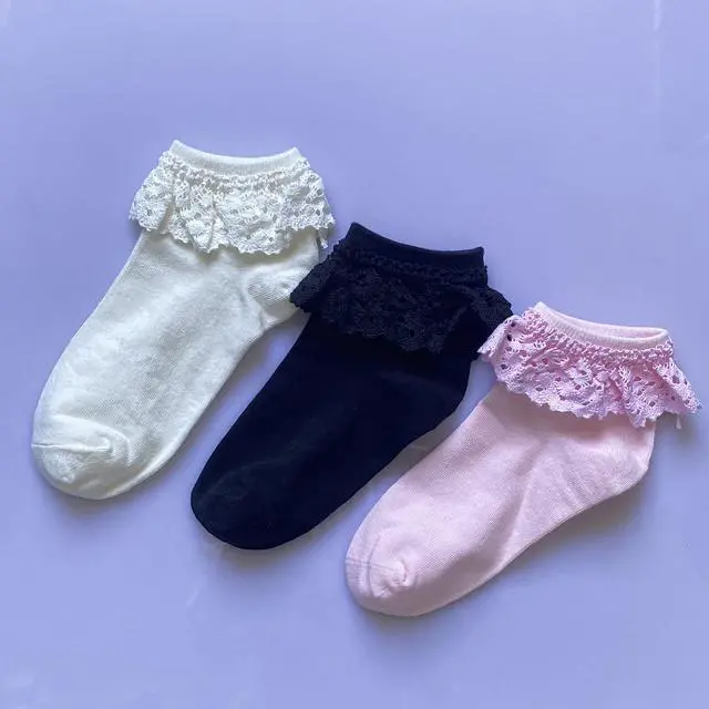 Alt view image 4 of 6 - Women High Ankle Lace Socks, Bridal Ruffle Frilly School Girl Princess Dress Sock with Lace Trim For Lolita/Jk W-811 (A1-5 Pairs - White Eyelet Lace)