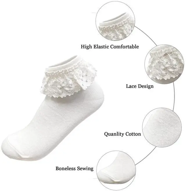 Alt view image 5 of 6 - Women High Ankle Lace Socks, Bridal Ruffle Frilly School Girl Princess Dress Sock with Lace Trim For Lolita/Jk W-811 (A1-5 Pairs - White Eyelet Lace)
