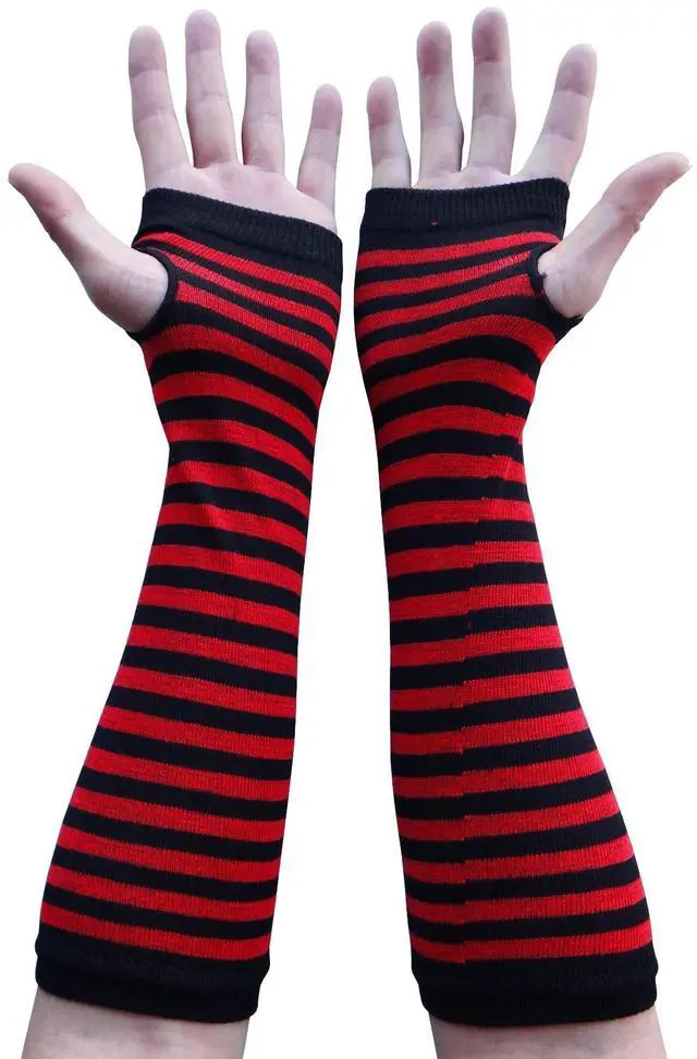 Alt view image 2 of 7 - Women Striped Long Fingerless Gloves, Winter Knitted Arm Warmers For Punk Rock/ Cosplay/ Goth/ Christmas Party WM-S-G5 (Crimson & Black)