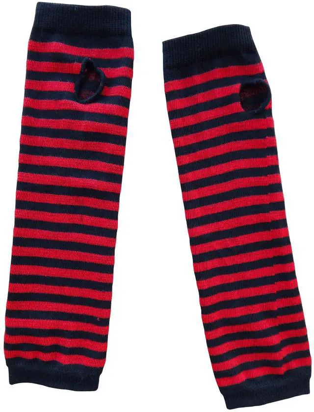 Alt view image 4 of 7 - Women Striped Long Fingerless Gloves, Winter Knitted Arm Warmers For Punk Rock/ Cosplay/ Goth/ Christmas Party WM-S-G5 (Crimson & Black)