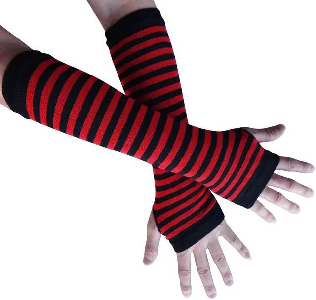 Alt view image 3 of 7 - Women Striped Long Fingerless Gloves, Winter Knitted Arm Warmers For Punk Rock/ Cosplay/ Goth/ Christmas Party WM-S-G5 (Crimson & Black)