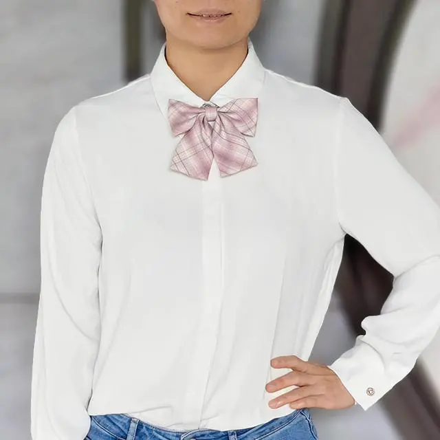 Alt view image 5 of 6 - Pre-Tied Japanese School Girl Uniform Bow Ties, Office Lady Uniform Bowtie/ Women kawaii Neck Tie for Cosplay WBT6 (Pink Plaid)