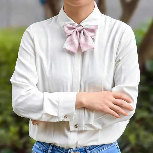 Alt view image 6 of 6 - Pre-Tied Japanese School Girl Uniform Bow Ties, Office Lady Uniform Bowtie/ Women kawaii Neck Tie for Cosplay WBT6 (Pink Plaid)