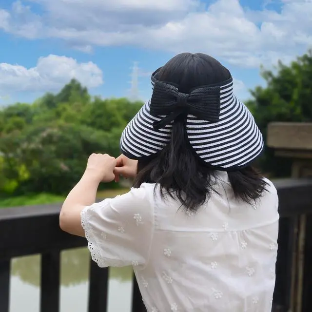 Alt view image 2 of 7 - Beach Hats for Women, Packable Straw Sun Hat with Wide Brim and Ponytail for UV Protection and Summer Travel SM01 (Navy Blue)