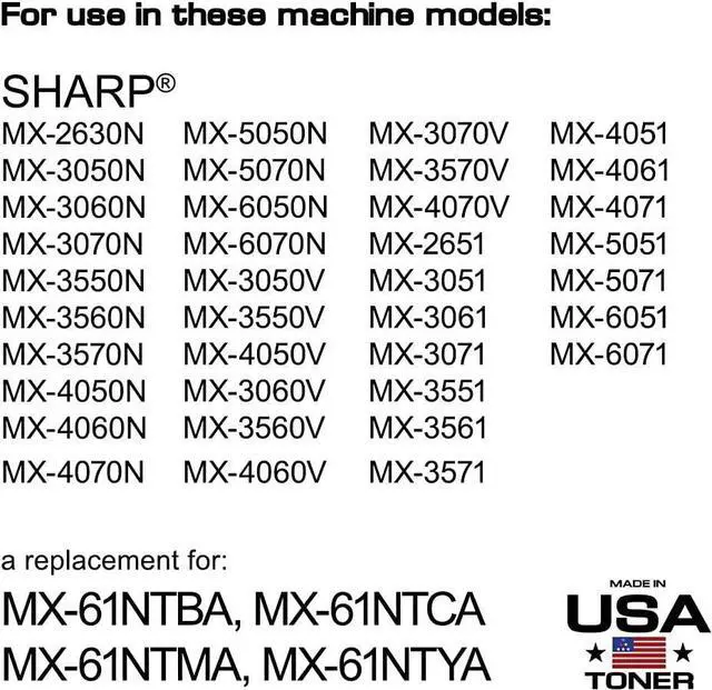 Alt view image 3 of 7 - MADE IN USA TONER Compatible Replacement for Sharp MX61NT, MX3050, MX3070, MX5070, MX2651, MX3051, MX3061, MX3071, MX3551, MX3561, MX3571, MX4051, MX4061 (Black,Cyan,Yellow,Magenta, 4 Pack)