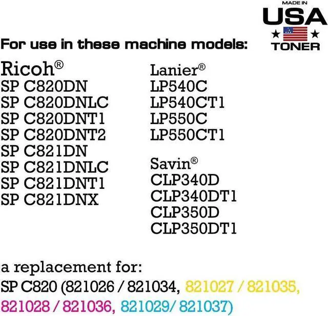 Alt view image 3 of 6 - MADE IN USA TONER Compatible Replacement for Ricoh SP C820 SP C821 821026, 821027, 821028, 821029(Black, Cyan, Yellow, Magenta, 4 Pack)