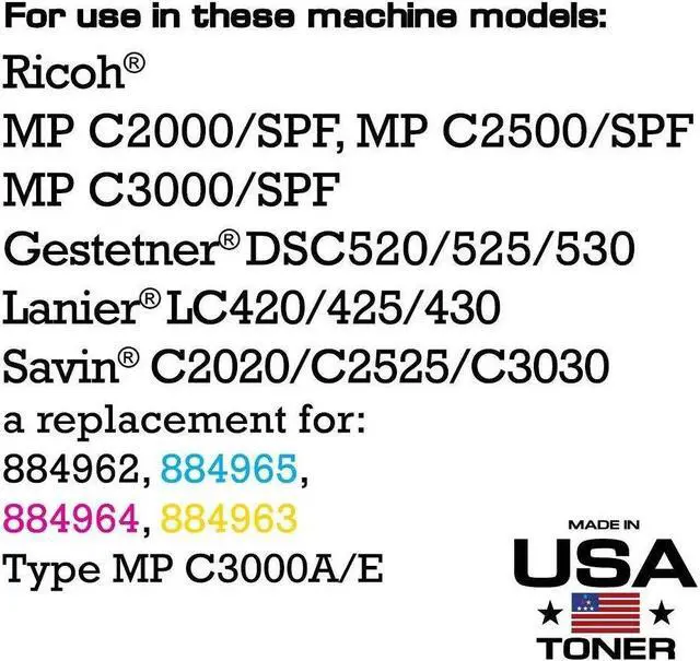 Alt view image 2 of 6 - MADE IN USA TONER Compatible Replacement for Ricoh Aficio MPC3000, MPC2000, MPC2500, Savin C2020 C2525 C3030 (Black, Cyan, Yellow, Magenta, 4 ctgs)