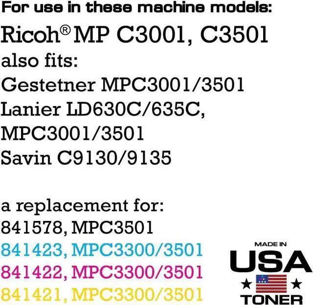 Alt view image 2 of 7 - MADE IN USA TONER Compatible Replacement for Ricoh MP C3001, MP C3501, MPC3001, MPC3501, Savin C9130 C9135 - (Black Cyan Magenta Yellow, 4 Pack) Black 22,500 - Color 16,000 Pages