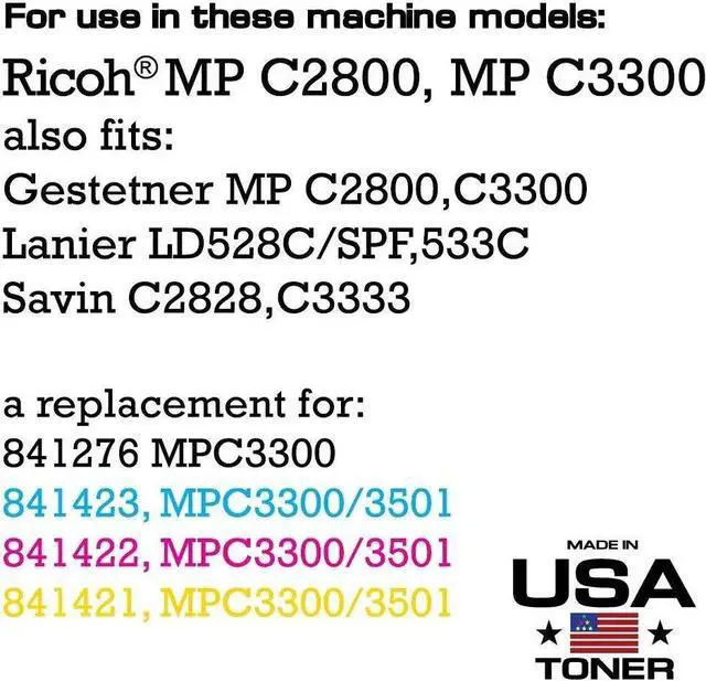 Alt view image 2 of 7 - MADE IN USA TONER Compatible Replacement for Ricoh Aficio MP C2800, MP C3300, Replacement for 841276 841423 841422 841421 (Black, Cyan, Yellow, Magenta, 4 Pack)