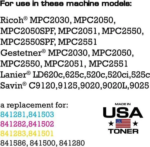 Alt view image 2 of 7 - MADE IN USA TONER Compatible Replacement for Ricoh MP C2551 MP C2051, 841586 841503 841502 841501 (CMYK, 4 Cartridges)