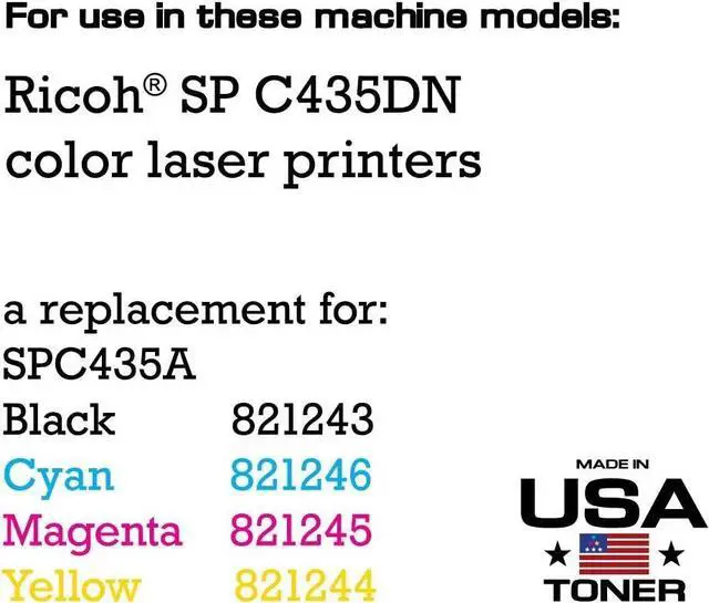 Alt view image 4 of 7 - MADE IN USA TONER Compatible Replacement for Ricoh SP C435dn SPC435 821243 821246 821245 821244 (Black,Cyan,Magenta,Yellow, 4 Pack)