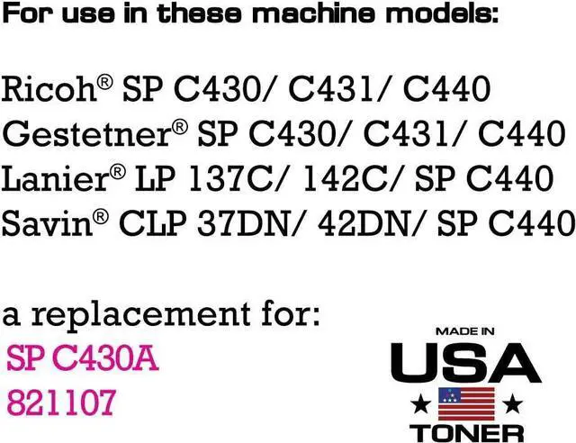 Alt view image 3 of 7 - MADE IN USA TONER Compatible Replacement for Ricoh SPC430dn SP C431dn SP C440dn Savin CLP 37DN CLP 42DN SP C440 SPC430A 821107 (Magenta, 2 Pack)