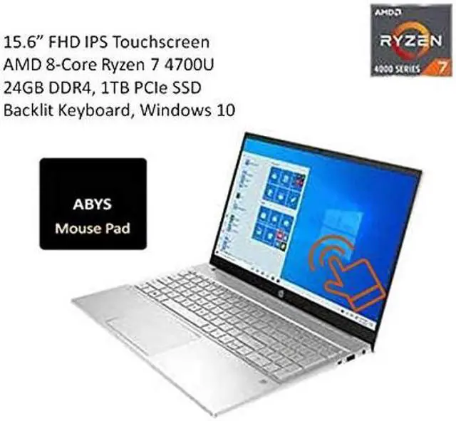 Alt view image 2 of 4 - HP Pavilion 15.6" FHD IPS Touchscreen Laptop, AMD 8-Core Ryzen 7 4700U Processor, 24GB DDR4, 1TB PCIe NVMe SSD, Wi-Fi 6, Backlit Keyboard, Webcam, USB Type-C, Windows 10, ABYS Mouse Pad, Silver