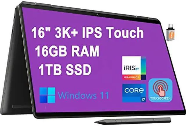 Main image of HP Spectre X360 Business 2-in-1 Laptop 16" 3K+ IPS 400nits Touchscreen 11th Gen Intel Quad-Core i7-11390H 16GB RAM 1TB SSD HP Pen Backlit Fingerprint Thunderbolt B&O Win11 Black + USB-C Adapter