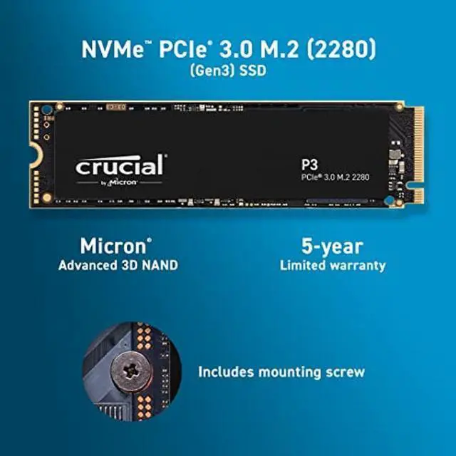 Alt view image 2 of 5 - Crucial P3 1TB PCIe Gen3 3D NAND NVMe M.2 SSD, up to 3500MB/s - CT1000P3SSD8