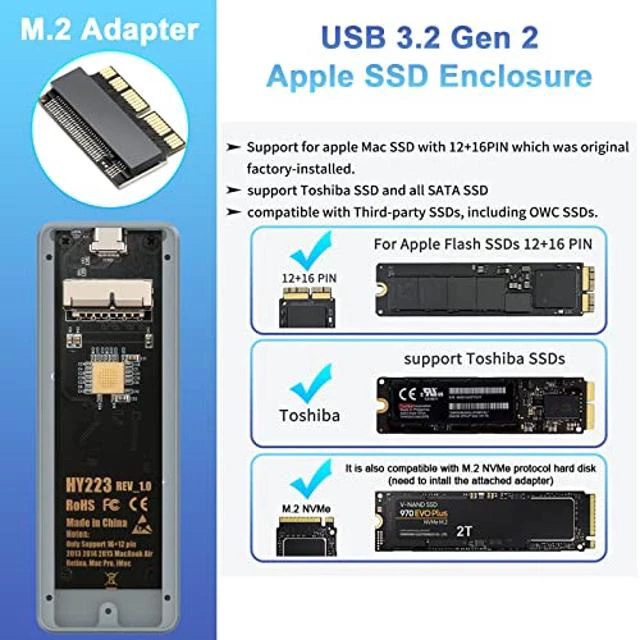 Alt view image 3 of 5 - USB C 3.2 MacBook SSD Enclosure for 12+16 PIN MacBook Air/Pro SSD, Aluminum M.2 NVMe MacBook Pro SSD Enclosure Adapter Support MacBook Pro,MacBook Air, Mac Pro, iMac from 2013 to 2017