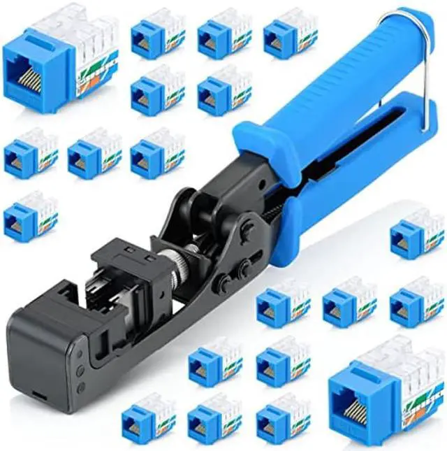 Main image of Everest Media Solutions EMS easyJACK (CAT6 Kit) - Speed Termination Tool, with 20-Pack of Blue Cat6 Keystone Jacks - Punch Down Ethernet Crimper for EMS RJ45 UTP Female Connectors