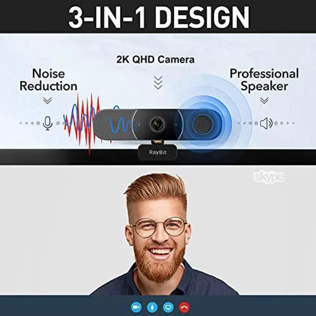 Alt view image 3 of 5 - 3 in 1 Webcam - 2K HD USB C Webcam with Microphone and Speaker, Stereo Sound & Noise-Cancelling Mics, Privacy Cover, Light Correction, Autofocus Conference Web Camera for Computer/Laptop/PC/Monitor