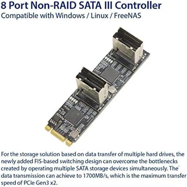 Alt view image 2 of 5 - 8 Port Non-RAID SATA III 6Gbp/s to M.2 B+M Key Adapter PCI-e 3.0 x2 bandwith