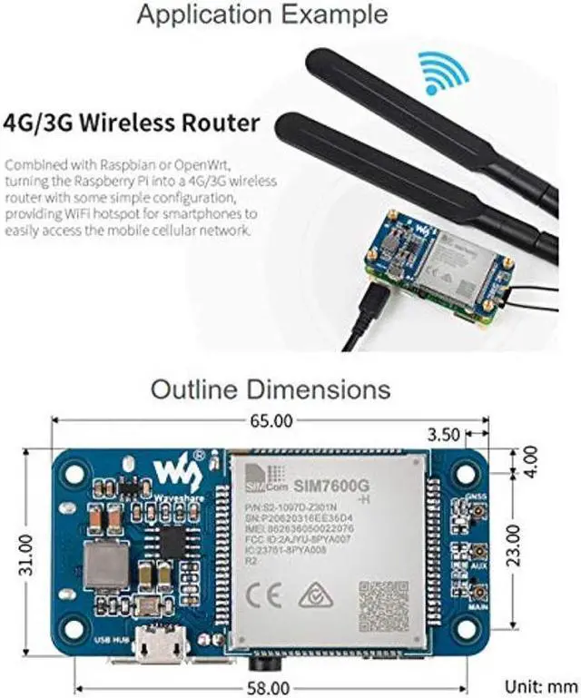 Alt view image 5 of 5 - SIM7600G-H 4G HAT Module for Raspberry Pi and PC,Support LTE Cat-4 4G 3G 2G Communication and GNSS Positioning,Global Band,up to 50Mbps Uplink, 150Mbps Downlink