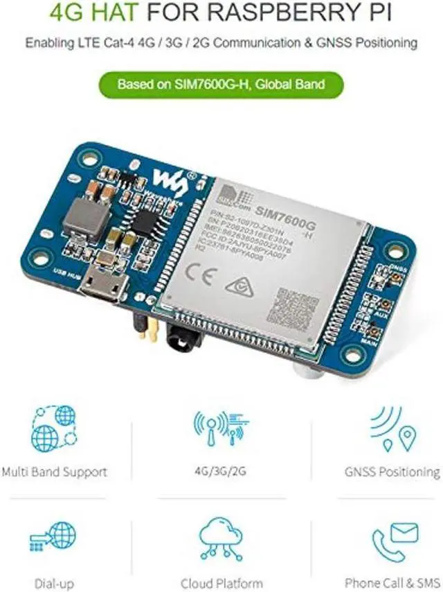 Alt view image 2 of 5 - SIM7600G-H 4G HAT Module for Raspberry Pi and PC,Support LTE Cat-4 4G 3G 2G Communication and GNSS Positioning,Global Band,up to 50Mbps Uplink, 150Mbps Downlink