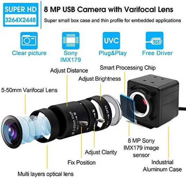 Alt view image 2 of 5 - 8MP Webcam 5-50mm Varifocal Lens USB Camera for Indoor Outdoor Super HD 3264X2448 Embeded Camera for Industrial,USB with Camera for Linux Windows Android Mini Web Cam Plug&Play OTG Supported Webcam