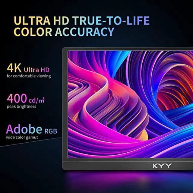Alt view image 2 of 5 - KYY 4K Portable Monitor 15.6'' 3840x2160 UHD USB-C Monitor, 100% Adobe RGB, 400cd/m^2, IPS Computer Gaming Display HDR Travel Monitor w/Speakers & Smart Cover for Laptop Xbox PS5 Switch PC Phone