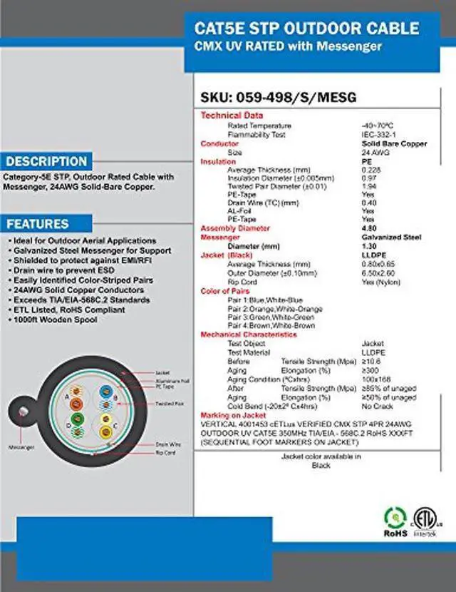 Alt view image 3 of 4 - Vertical Cable Cat5e, 350 Mhz, Overall Shielded, UV Jacket, Outdoor, CMX, Messenger, 1000ft, Black, Bulk Ethernet Cable, Wooden Spool