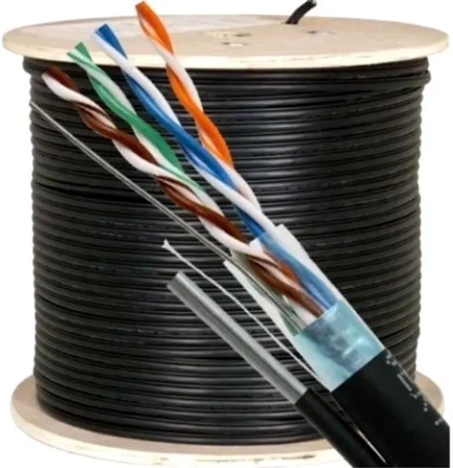 Main image of Vertical Cable Cat5e, 350 Mhz, Overall Shielded, UV Jacket, Outdoor, CMX, Messenger, 1000ft, Black, Bulk Ethernet Cable, Wooden Spool