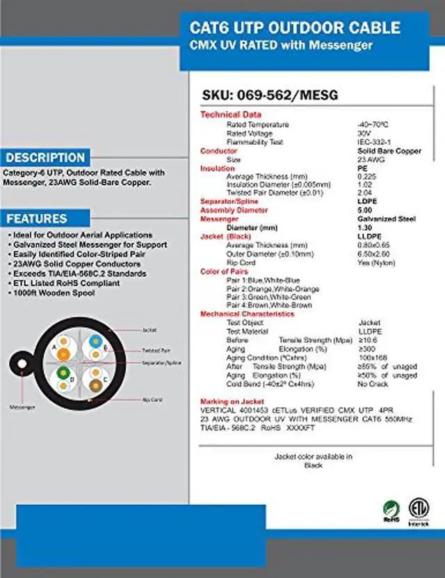 Alt view image 4 of 5 - Vertical Cable Cat6, UTP, UV Jacket, Outdoor, CMX, Messenger, 1000ft, Black, Bulk Ethernet Cable, Wooden Spool