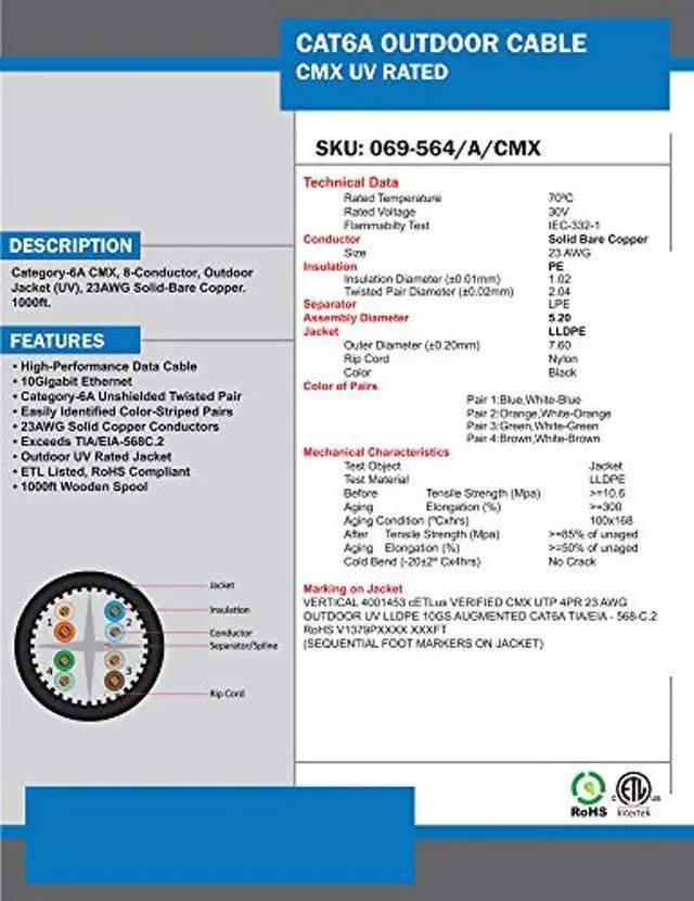 Alt view image 4 of 5 - Vertical Cable CAT6A UV Rated Outdoor Bulk Cable 1,000ft. - Black