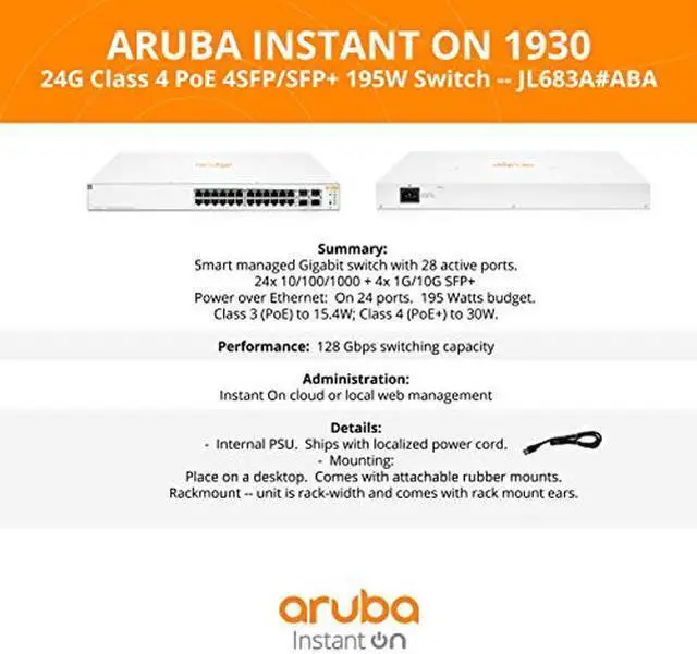 Alt view image 4 of 5 - Aruba Instant On 1930 24-Port Gb Ethernet 24xGE PoE (195W), 4X 1G/10G SFP+, L2+ Smart Switch US Cord (JL683A#ABA)