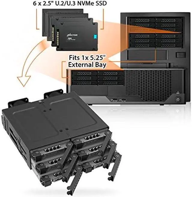 Alt view image 2 of 5 - ICY DOCK 6 Bay U.2 / U.3 NVMe SSD PCIe 4.0 Mobile Rack Enclosure for 5.25" Bay (SlimSAS SFF-8654 8i) - ToughArmor MB118VP-B