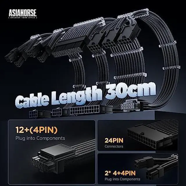 Alt view image 2 of 5 - AsiaHorse 12VHPWR Cable Extension Kit, 16AWG 16Pin PSU Cable Extension Kit Soft Braided Sleeved Cables for 24pin ATX /4+4pin EPS /12+4pin, 30CM Length with Cable Combs (Black)