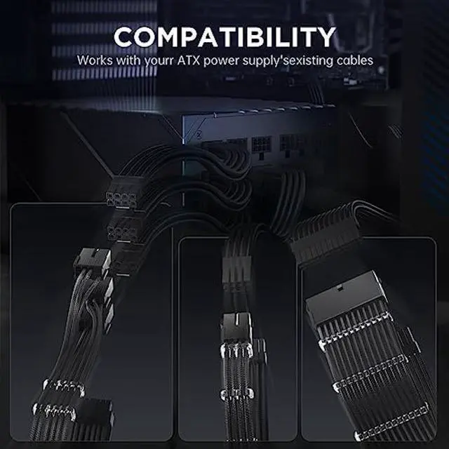 Alt view image 3 of 5 - AsiaHorse 12VHPWR Cable Extension Kit, 16AWG 16Pin PSU Cable Extension Kit Soft Braided Sleeved Cables for 24pin ATX /4+4pin EPS /12+4pin, 30CM Length with Cable Combs (Black)