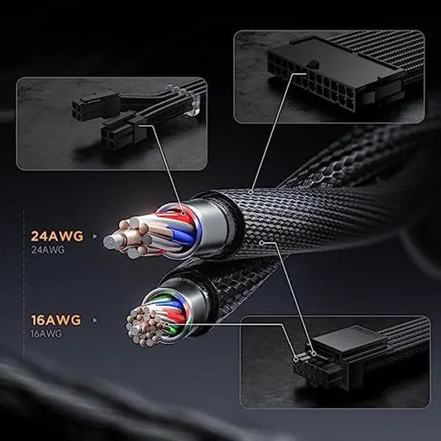 Alt view image 5 of 5 - AsiaHorse 12VHPWR Cable Extension Kit, 16AWG 16Pin PSU Cable Extension Kit Soft Braided Sleeved Cables for 24pin ATX /4+4pin EPS /12+4pin, 30CM Length with Cable Combs (Black)
