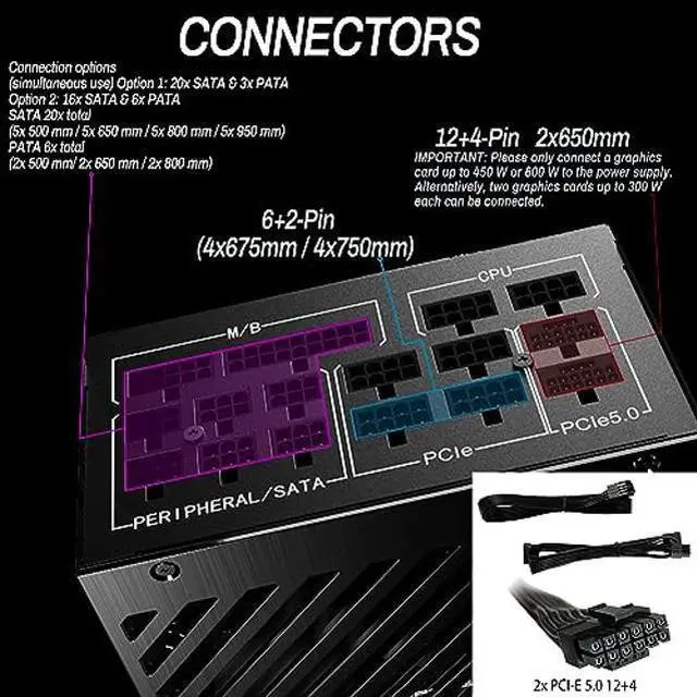 Alt view image 2 of 4 - LC-POWER Gaming PC Power Supply, 1200W PSU 80+ Platinum & PCIe 5.0(12+4pin), 135mm Fan, Full Modular, HighEfficiency 92%, Full Range: 110-240 V