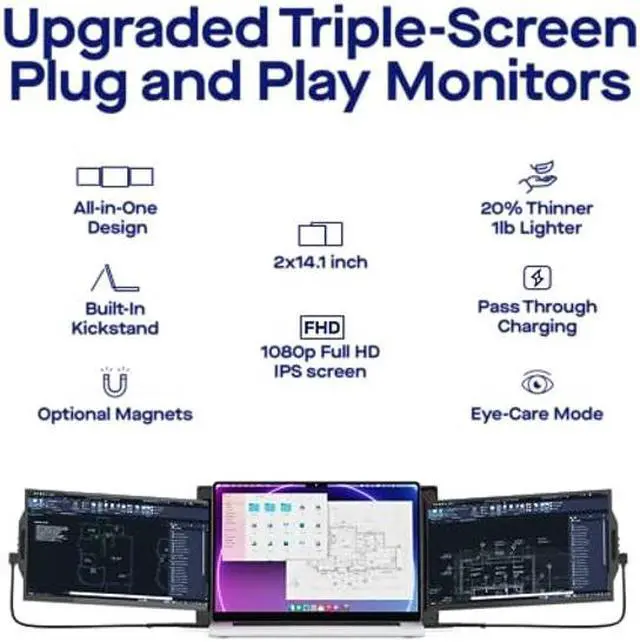 Alt view image 3 of 5 - Mobile Pixels New Trio Max Portable Monitor, 14.1" Triple Monitor for 15''-17.3'' Laptops Built-in Kickstand Laptop Screen Monitor ... (14.1-inch, Two Built-in Sliding displays, New Trio Max)