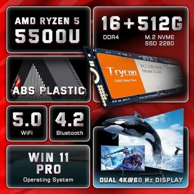 Alt view image 5 of 5 - Trycoo HA-3 Mini PC,AMD Ryzen 5 5500U Processor(6C/12T,Up to 4.0Ghz),16GB RAM 512GB SSD,Windows 11 Pro Mini Desktop Computer,4K@60Hz Output HDMI2.0/Type-C/WiFi 6/BT5.2/USB3.2/Gigabit Ethernet