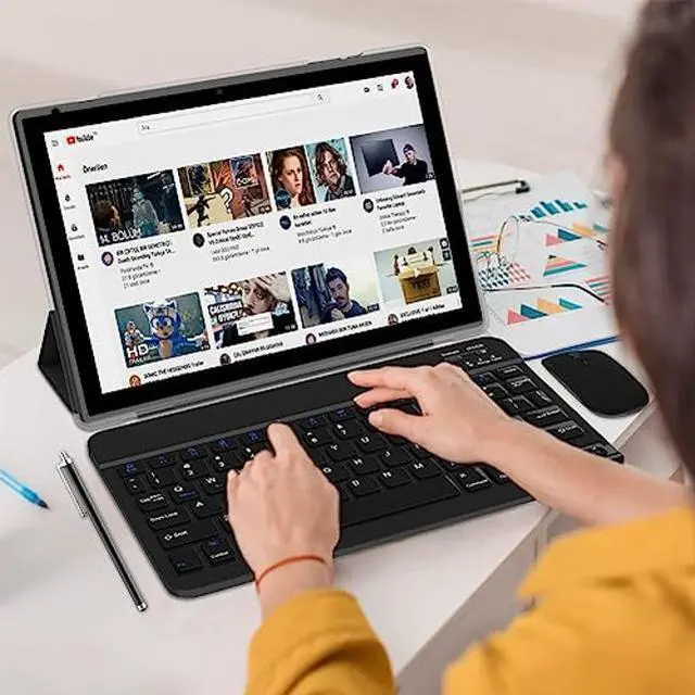 Alt view image 2 of 2 - Tablet 2 in 1 Tablets 10 inch Android 11 Tablet Set with Keyboard Case Mouse Stylus Film, 4GB+64GB Tablets 10.1" Tab 1280*800 HD Touch Screen, 8MP Dual Camera Games Wi-Fi Bluetooth Tableta PC Black.