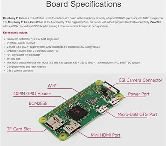 Alt view image 3 of 5 - Built-in WiFi and Bluetooth Pi Zero WH, Zero WH Package Comes with Raspberry Pi Zero W with 40PIN Pre-Soldered GPIO Headers +Mini HDMI to HDMI Adapter +Micro USB OTG Cable