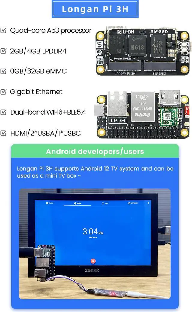 Alt view image 5 of 5 - Sipeed LonganPi 3H 4GB LPDDR4 Allwinner H618 Linux Single Board Computer, Wireless Dual-Band WiFi Development Board, 4Kp60 Display, Gigabit Ethernet Port, Compatible with Raspberry Pi Zero W (4+0GB)