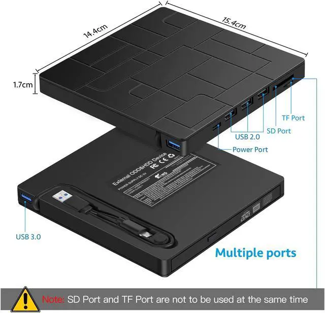 Alt view image 2 of 5 - External DVD Drive, USB 3.0 Type-C DVD Player with 4 USB Ports and SD Readers for Laptop, Portable Disk Drive CD ROM Writer Burner Compatible with Laptop Desktop PC Windows MacBook Mac Linux Mac OS
