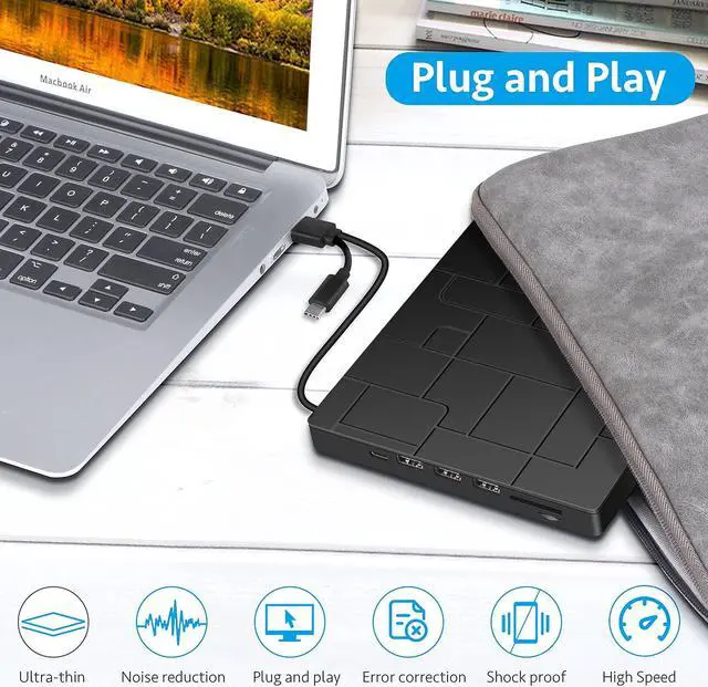 Alt view image 5 of 5 - External DVD Drive, USB 3.0 Type-C DVD Player with 4 USB Ports and SD Readers for Laptop, Portable Disk Drive CD ROM Writer Burner Compatible with Laptop Desktop PC Windows MacBook Mac Linux Mac OS