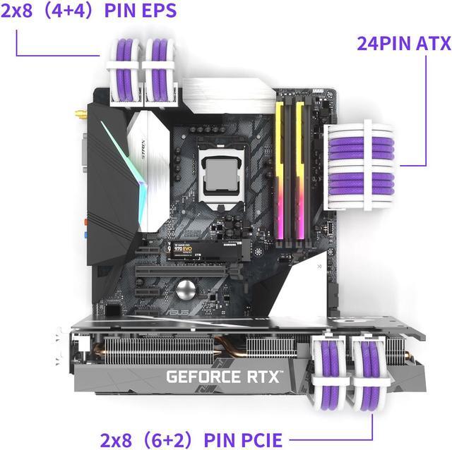 Alt view image 5 of 5 - Sirlyr PSU Extension Cable Kit - Custom Sleeved Power Supply Mod for PC Build 16AWG 24Pin ATX/8 (4+4) Pin EPS CPU/8 (6+2) Pin PCI-E GPU PSU - White Purple 5 Kits